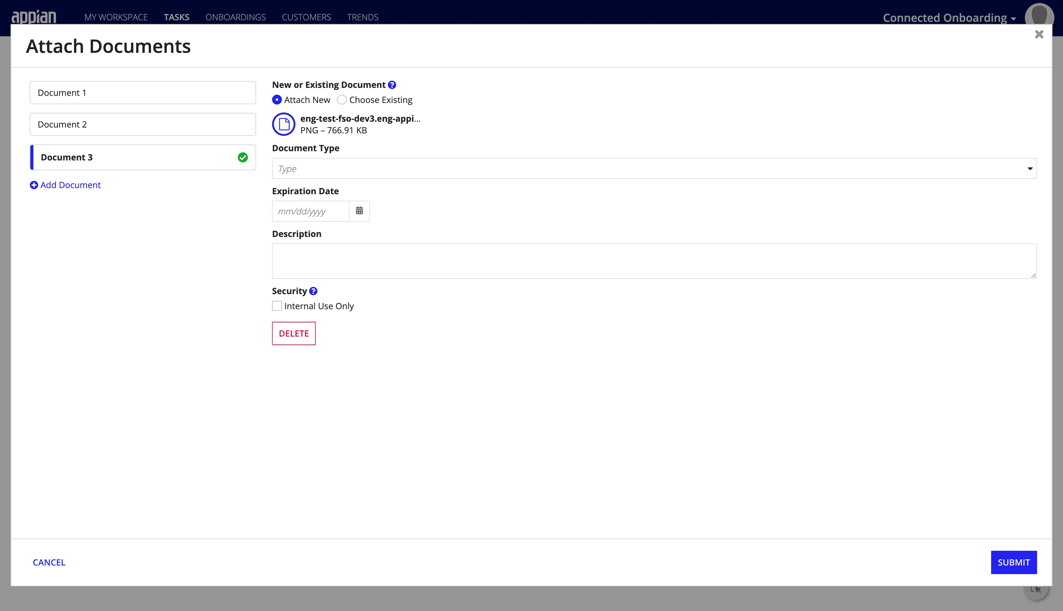 The Document Upload interface
