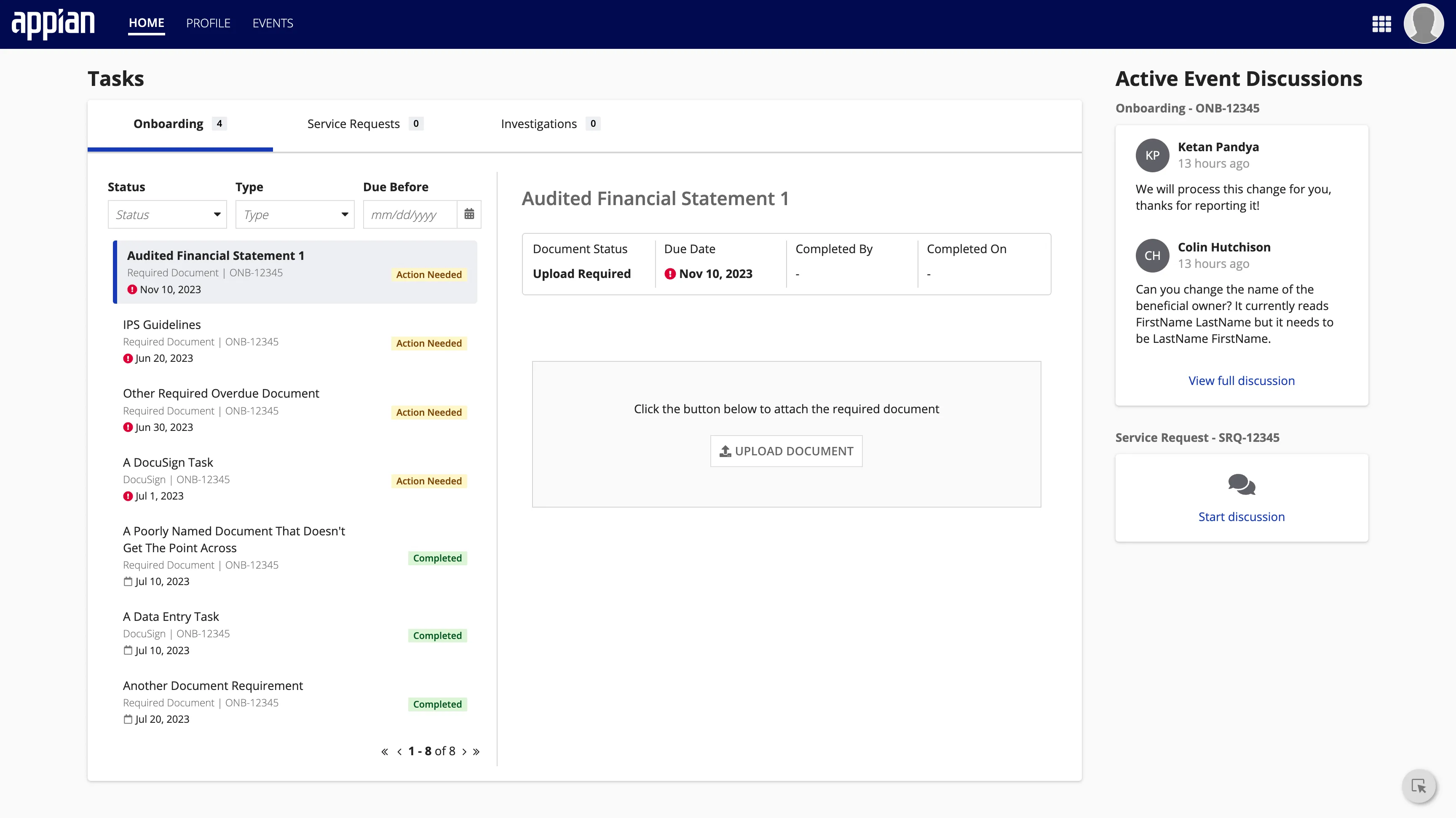 Customer Portal Dashboard showing outstanding tasks