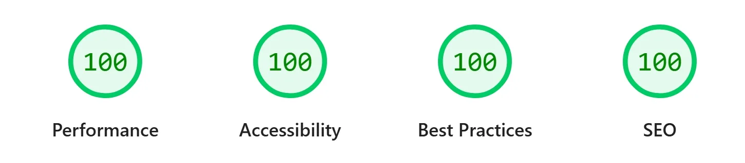 Google PageSpeed Insights score showing 100/100 in Performance, Accessibility, Best Practices, and SEO